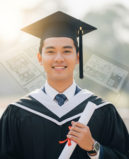 Graduate in cap and gown holding diploma