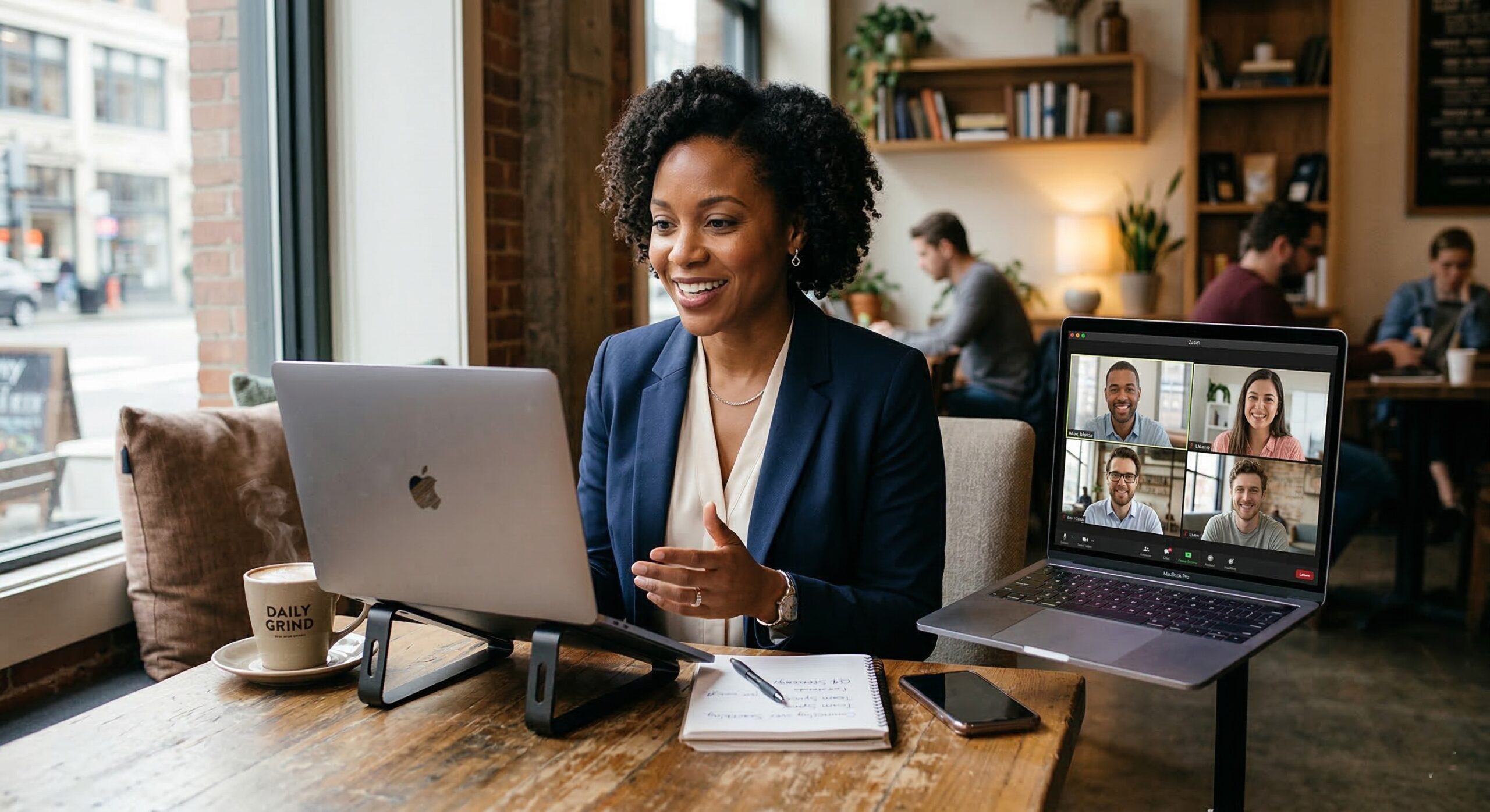 A high-quality photo of a professional person having a coffee chat or a video call, looking poised and engaged.